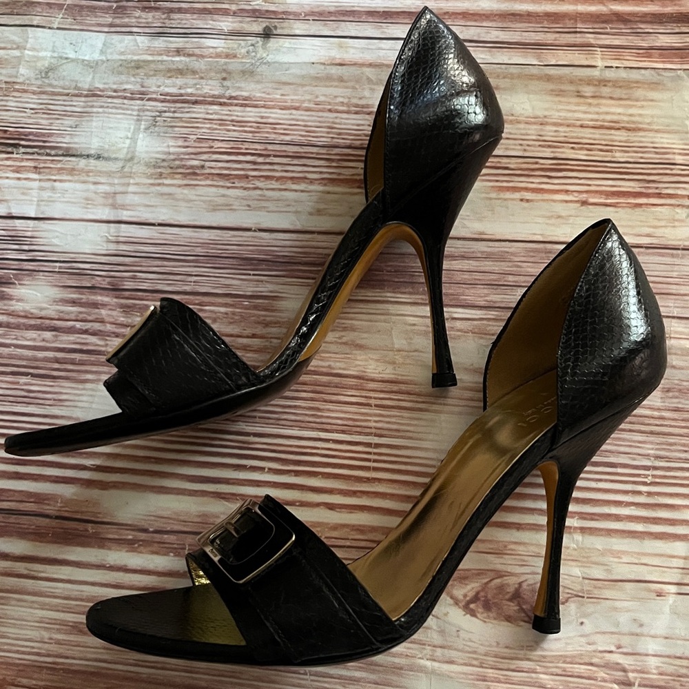 Gucci Black Lizzard Snakeskin Open Toe Heels with Gold Accent 8 1/2 B - Picture 4 of 14